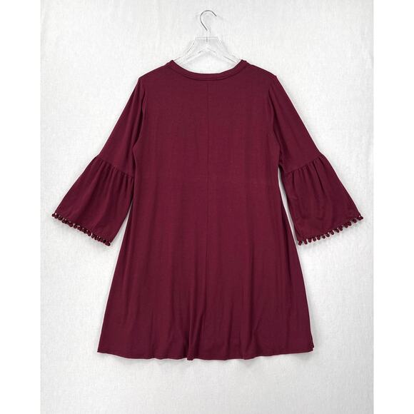 JOHNNY WAS CALME Flute Sleeve Swing Dress Womens Medium Burgundy Maroon Pom Pom - Picture 4 of 15
